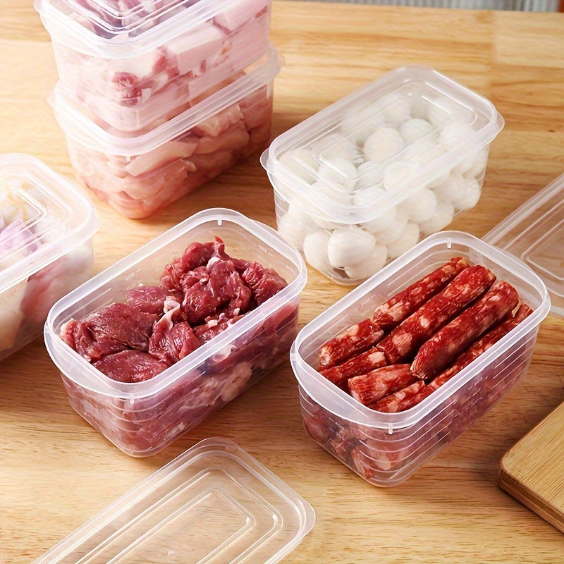 Five clear plastic food storage containers, ideal for organizing your fridge or taking on the go. Constructed from food-safe PP material.