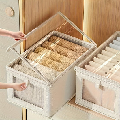 Rectangle fabric storage box with clear window, flip top closure and foldable lid for home organization.