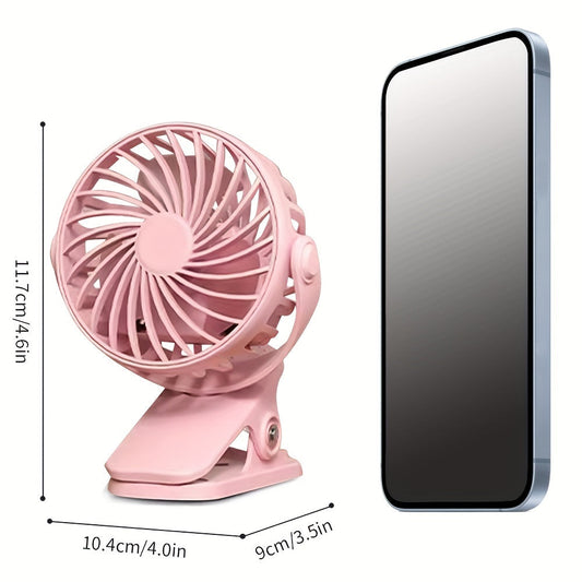 Small and adorable compact clip-on fan with USB charging, 500mAh battery, three adjustable speeds, low noise operation, atmospheric lighting, and available in three colors. Perfect for home use and creative desktop decor.