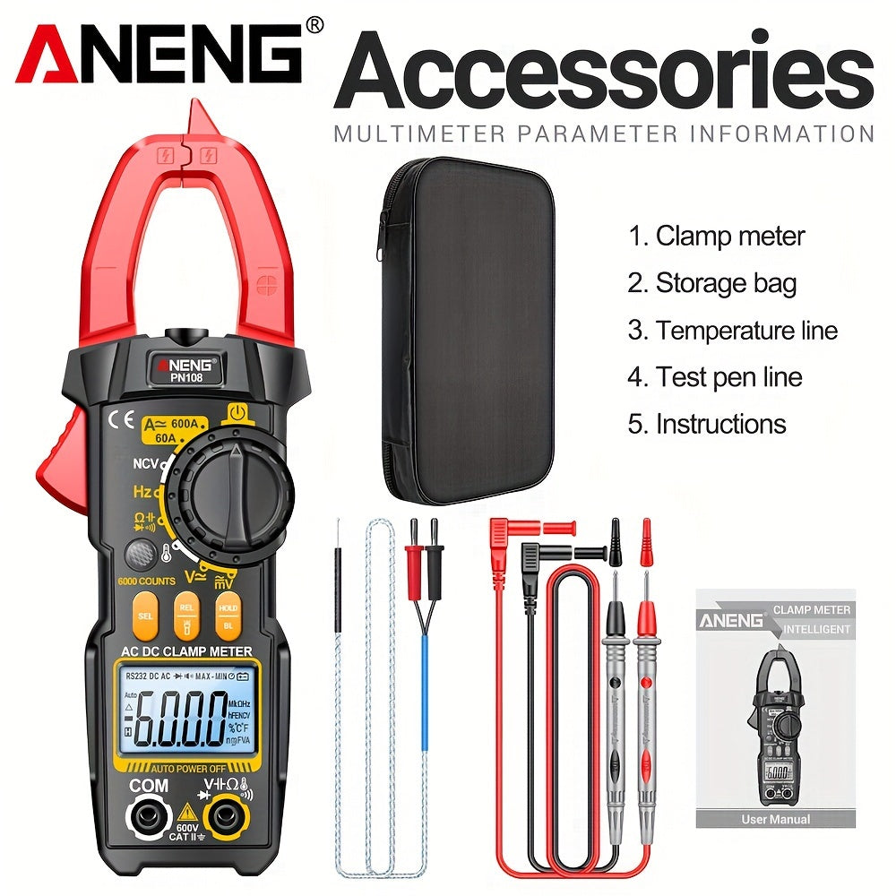 ANENG PN108 Clamp Meter with 6000 counts for measuring AC/DC voltage, 600A current, resistance, capacitance, and high precision testing.