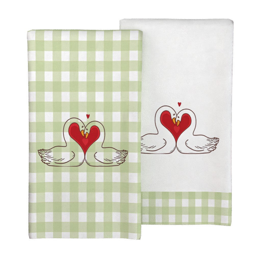 Two pieces of Valentine's Day kitchen towels made of soft, quick-dry polyester material measuring 45.72x66.04cm. Featuring a lovely heart and swans design in vibrant colors, these towels are perfect for use in the home, parties, and outdoor settings.