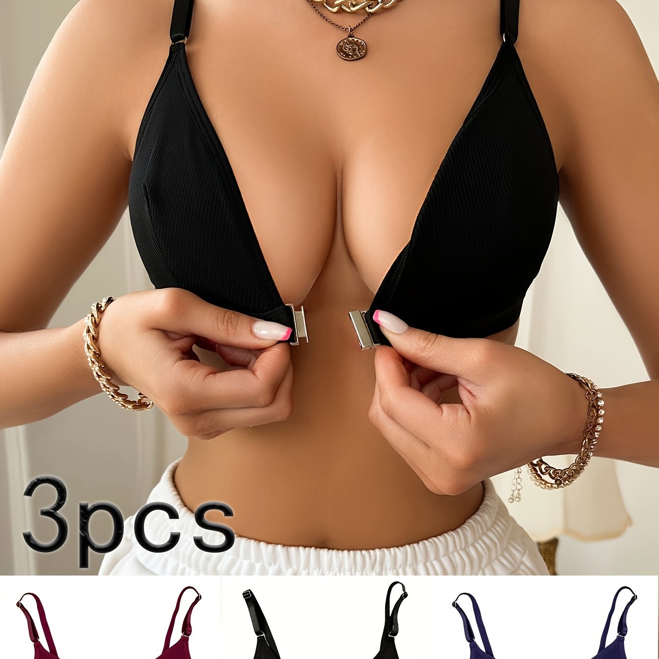 3-piece solid wireless cami bra set with front closure for elegant comfort, push-up support, and lingerie for women