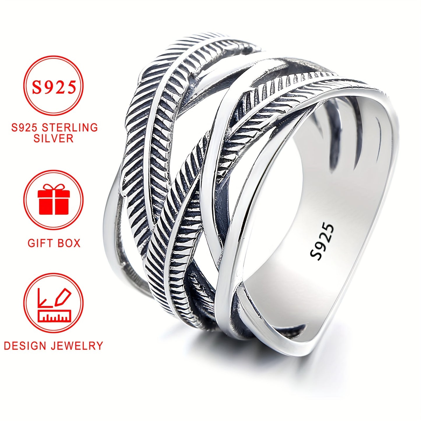 925 Sterling Silver Feather Ring with Infinity Theme Cross Band, High-Quality Hip Hop Style Fashion Jewelry, Gift Box Included for Daily Wear & Gift-Giving, Earth Day celebration accessory.