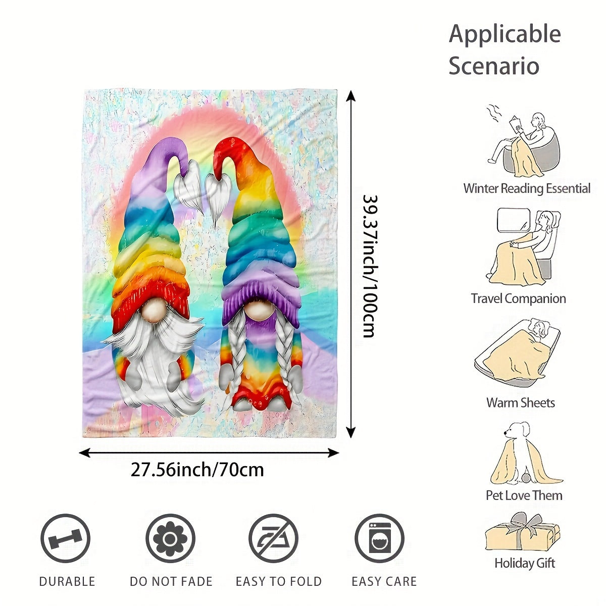 This cozy 1PC Contemporary Cartoon Gnome Throw Blanket is perfect for any sofa or bedroom. It is machine washable, stain resistant, and made of soft and warm knitted polyester. This decorative blanket can be used all year round and is ideal for travel