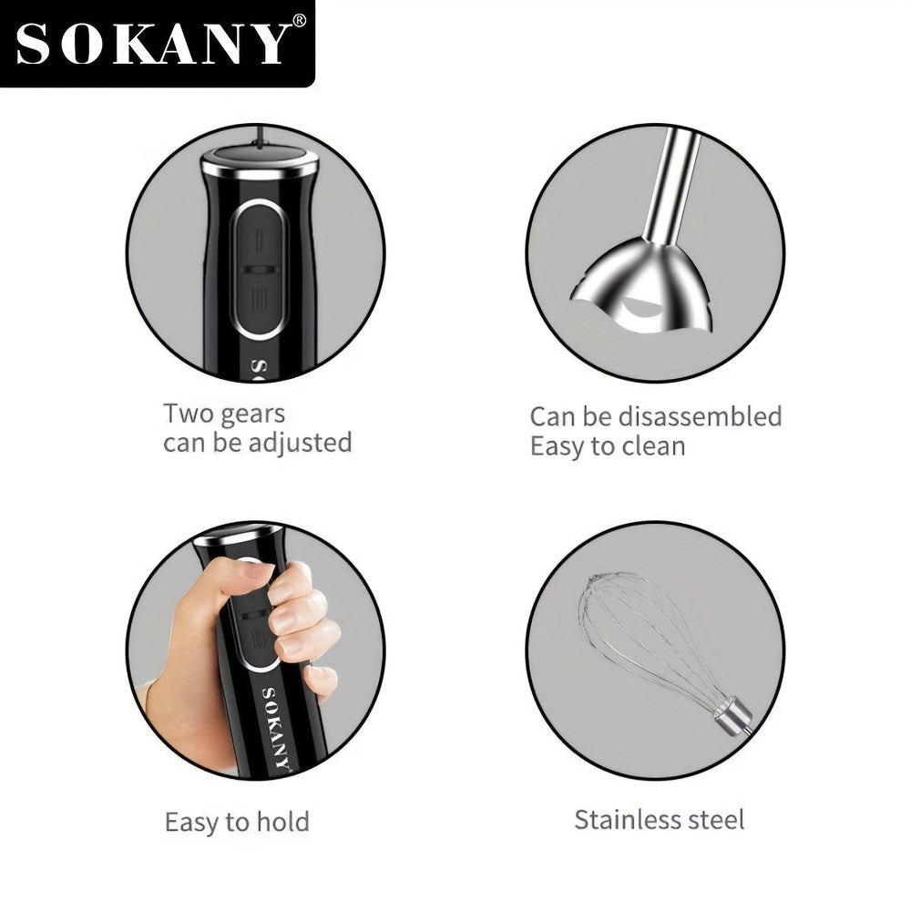 Sokany 400W Food Processor: Easy, one-handed operation for quick meat grinding and chopping. Detachable design with blender head. Splash-proof and suction-resistant cups. Simple plug-in