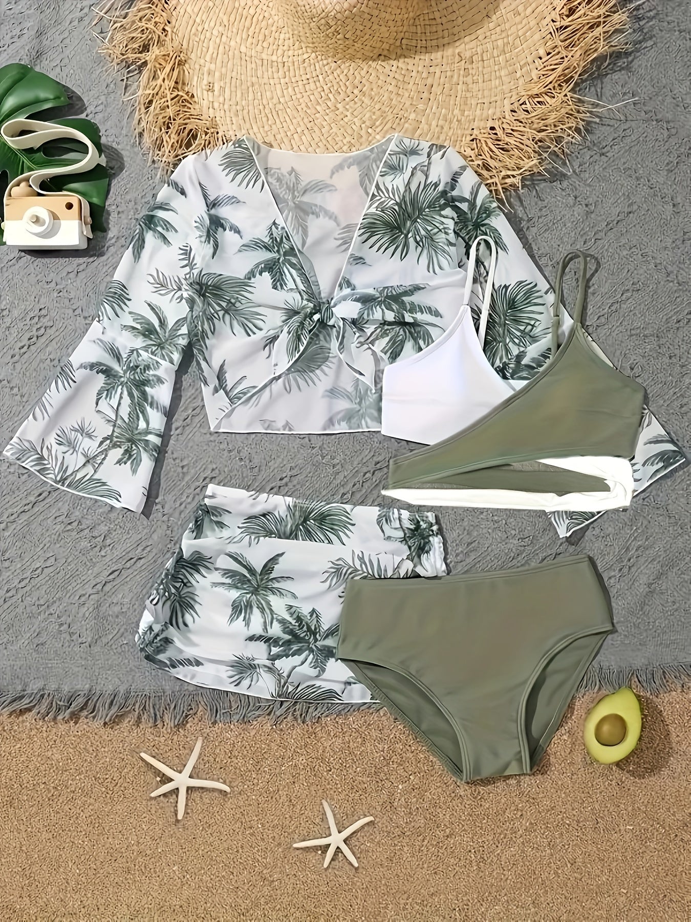 Coconut Tree Print 4-Piece Bikini Set with Layered Top, High Cut Panty, Cover Up Shirt, and Skirt Swimsuit - Women's Swimwear & Clothing