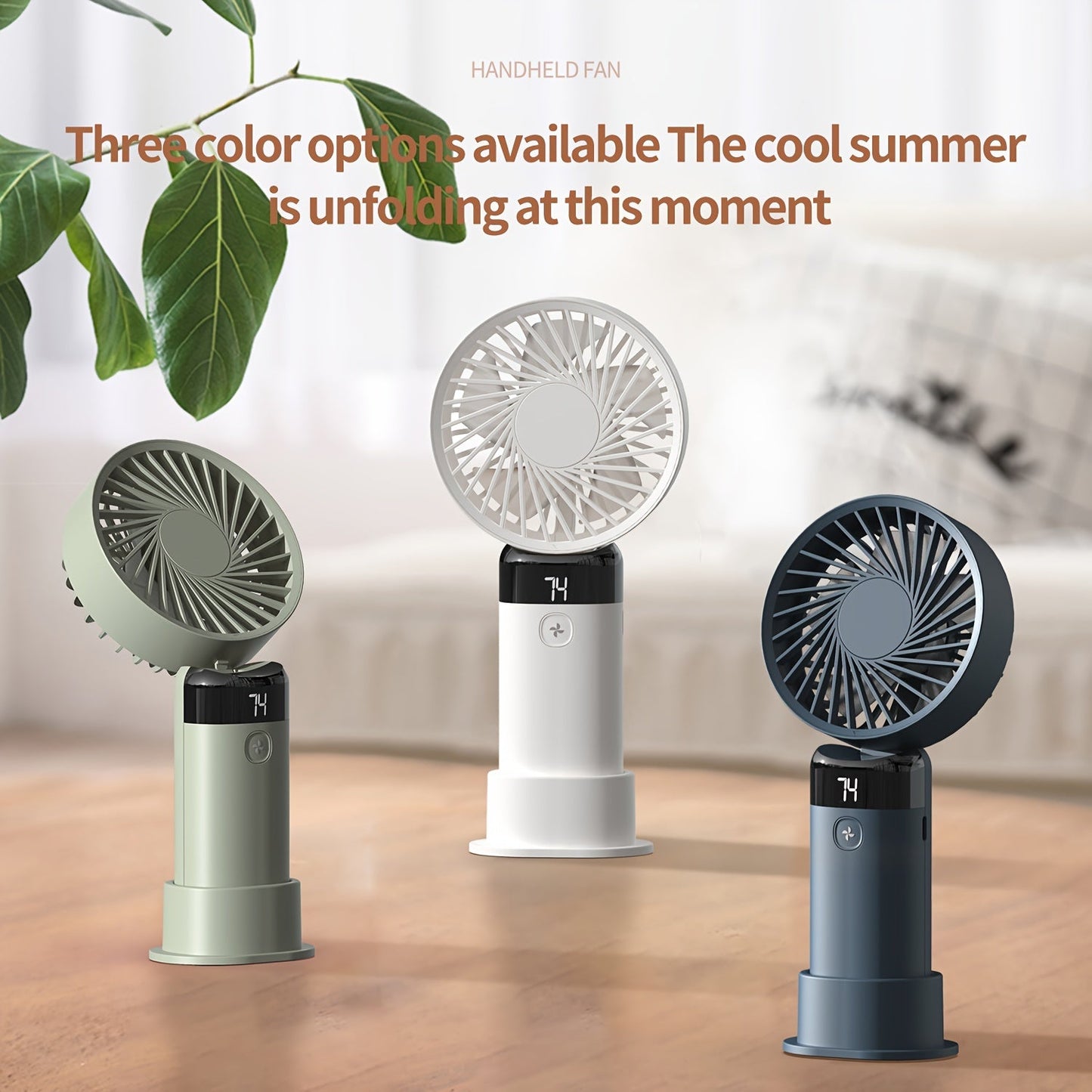 Portable handheld/desktop mini fan with adjustable angle, featuring 3 speeds, a digital display, long-lasting battery, dual-use standing and handheld design, USB charging, low-noise operation, and compact size ideal for office desk, bedside, or outdoor