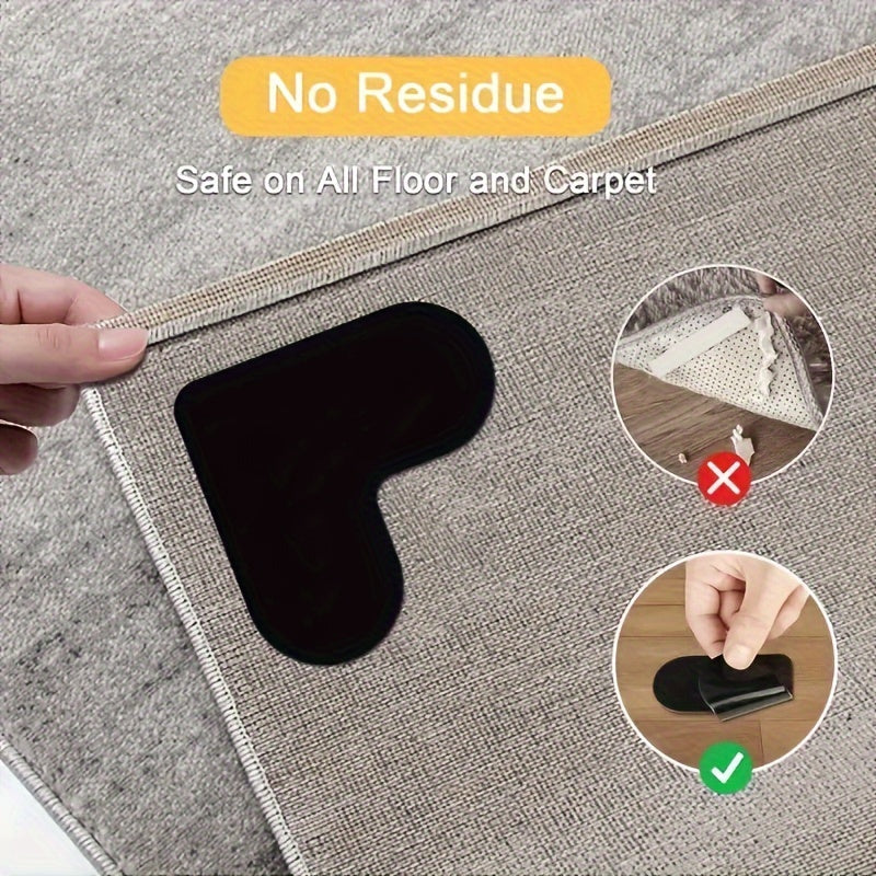 Four to eight pieces of non-slip carpet pads that come with reusable adhesive rug anchors, perfect for use on tiles and hardwood floors. No tools required for installation, these pads enhance floor safety in your living room, bathroom, and other indoor