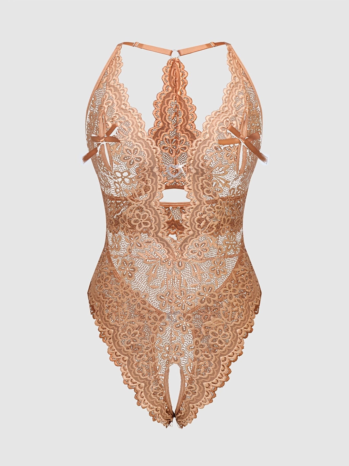 Heart-shaped deep V lace bodysuit with open crotch and sheer back, made from nylon and elastane blend.