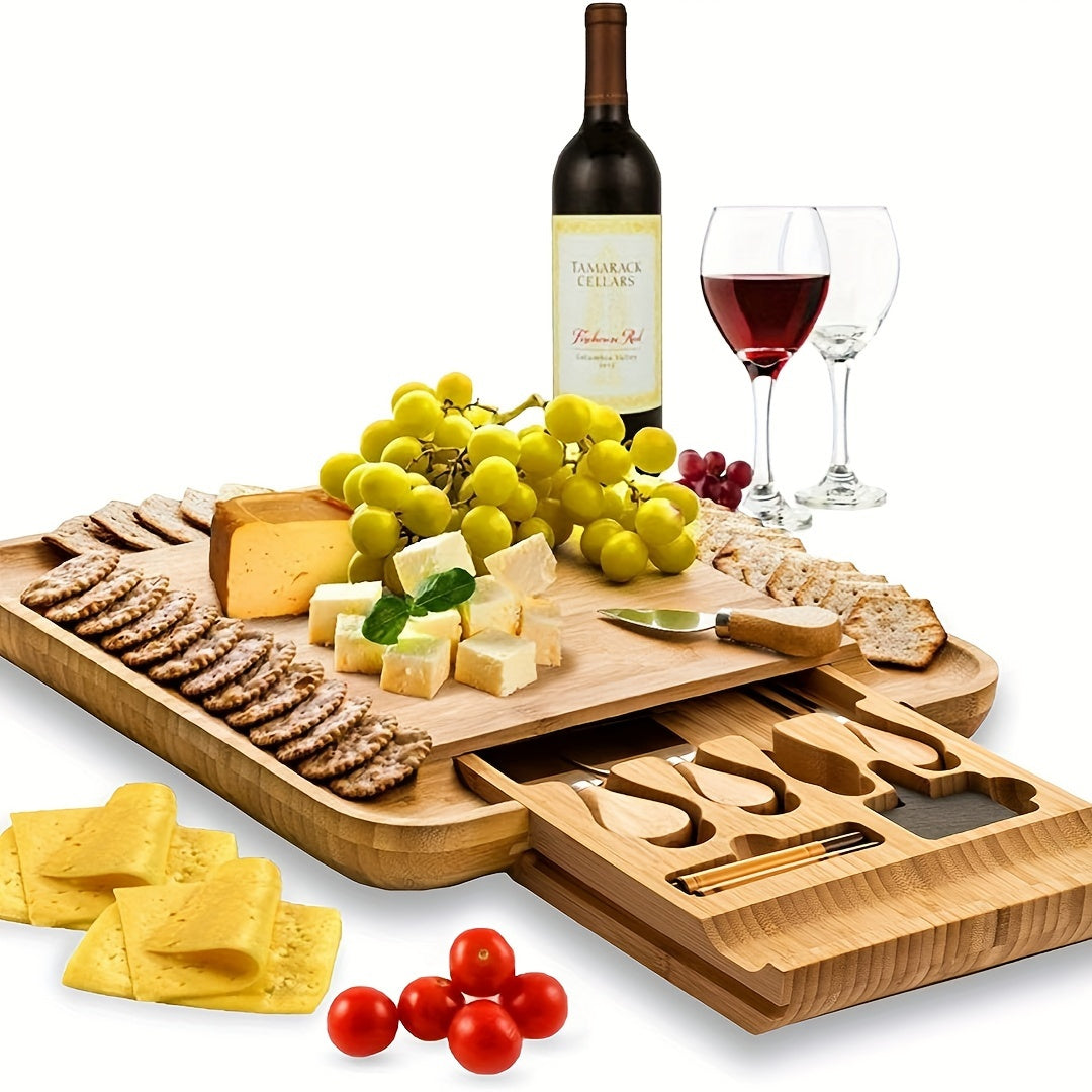 Bamboo Cheese Board Set with Tools - Sturdy, Water-Resistant, Simple to Clean Serving Tray for Charcuterie, Pizza, Snacks - Perfect for Christmas, Halloween, Easter, Thanksgiving, Valentine's Day