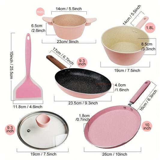 Pink 6-piece Non-Stick Cookware Set - Contains Pancake Pan, Soup Pot, Mini Wok & Silicone Spatula - Suitable for Both Electric and Gas Stoves.