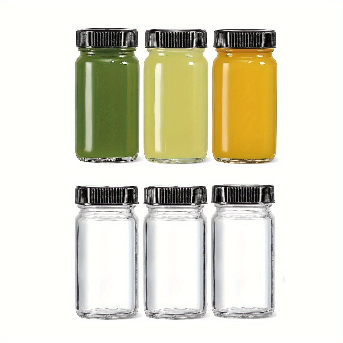 6 Pack of 2oz glass shot bottles with black lids. Reusable, insulated, and machine washable. Great for ginger shots, juice samples, whiskey, and travel essentials.