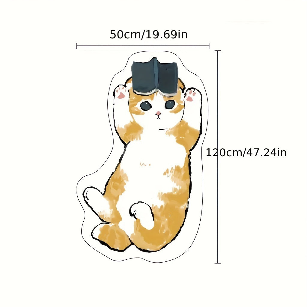 WhimsyCat Water-Resistant Cartoon Cat Floor Mat - 1 Piece, Made of Polyester Fiber with Rubber Backing, Non-Slip, Machine Washable, Unique Irregular Shape for Indoor Bedroom Use