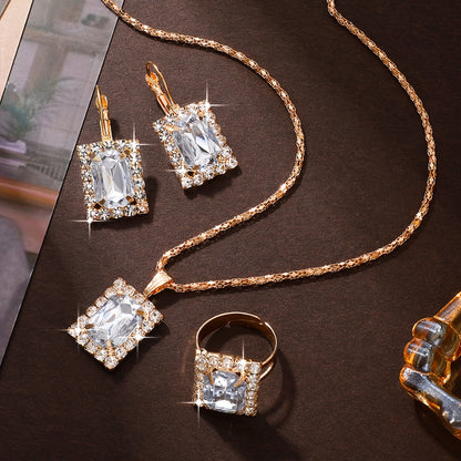 4-piece women's jewelry set with retro square glass rhinestones