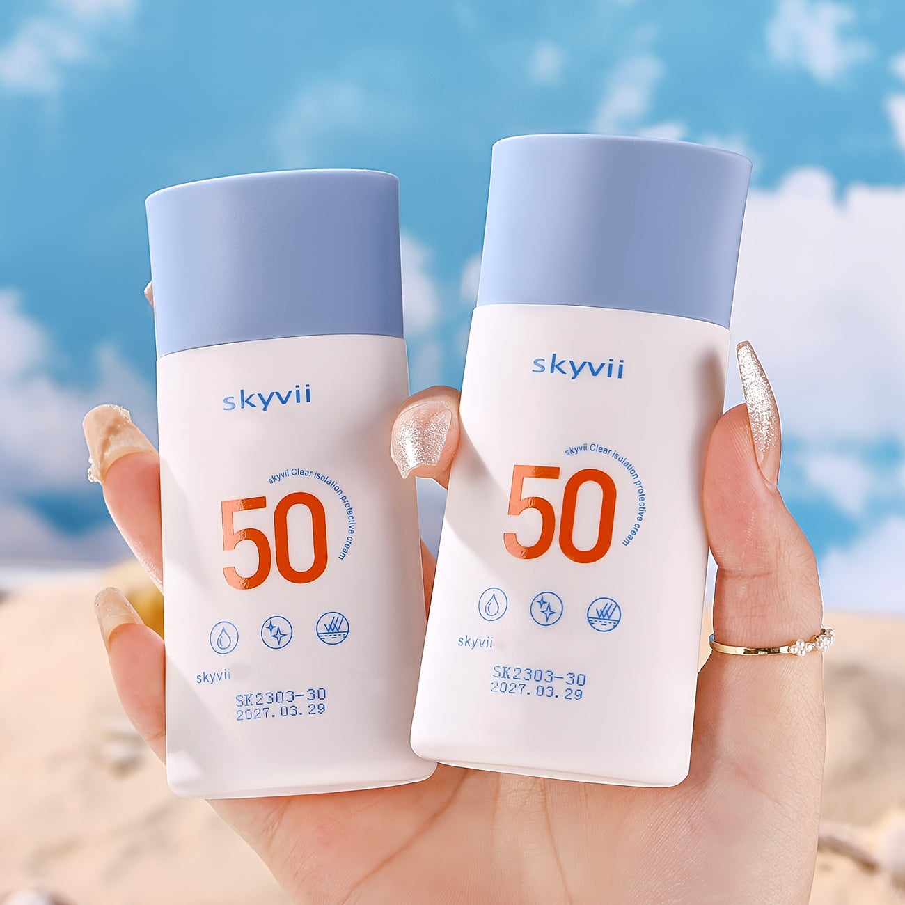 SPF50+ Sunscreen Cream with hydrating isolation for daily protection. Non-greasy matte finish, primer base with light cream texture.