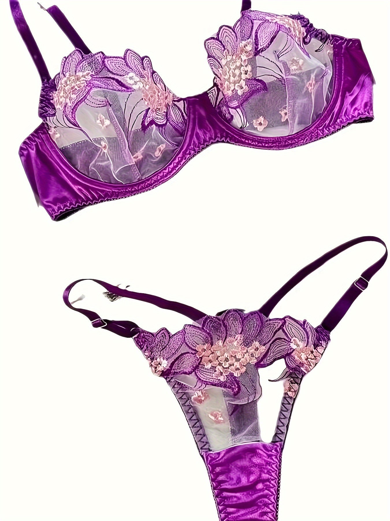 Green floral lingerie set for women with sheer mesh bra and high-waist thong. Features sexy V-neck design, breathable fabric, perfect for romantic evenings.