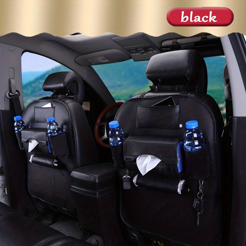 Car back seat organizer with storage pockets, kick mats, seat protectors, tissue box, cup holder, laptop table, and eating tray for parking use only.