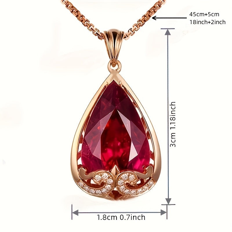 Elegant water drop-shaped pendant necklace coated in rose gold with simulated pigeon blood red and sapphire stones, exuding European and American flair for fashion-forward women.