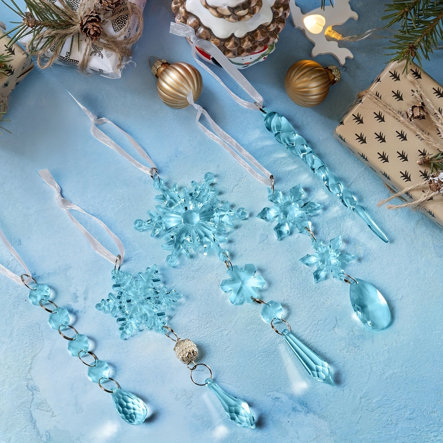 18 Christmas decorations including acrylic snowflakes and icicles with crystal pendants, light blue holiday ornaments that do not need electricity, perfect for Christmas, New Year, and seasonal celebrations as tree ornaments.