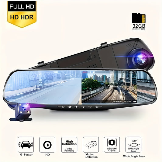 Dual-Camera HD Car Dash Cam for Night Vision, Easy Installation, Wide Angle, Mirror Mount, 32GB Card Included, 1080P Full HD Video Recording, Motion Detection, Reverse Driving Aid