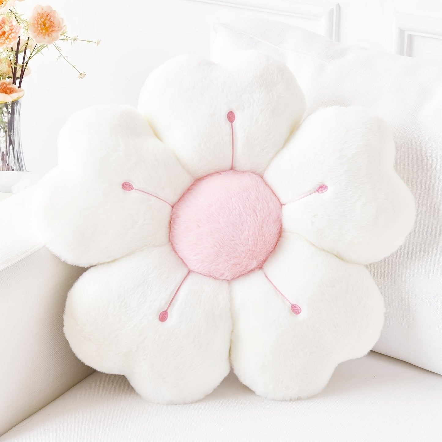 Plush daisy flower throw pillow for bed and sofa, white/pink, 34.8 cm, polyester fabric, adorable floral design, cozy decoration. Ideal for bed or couch.