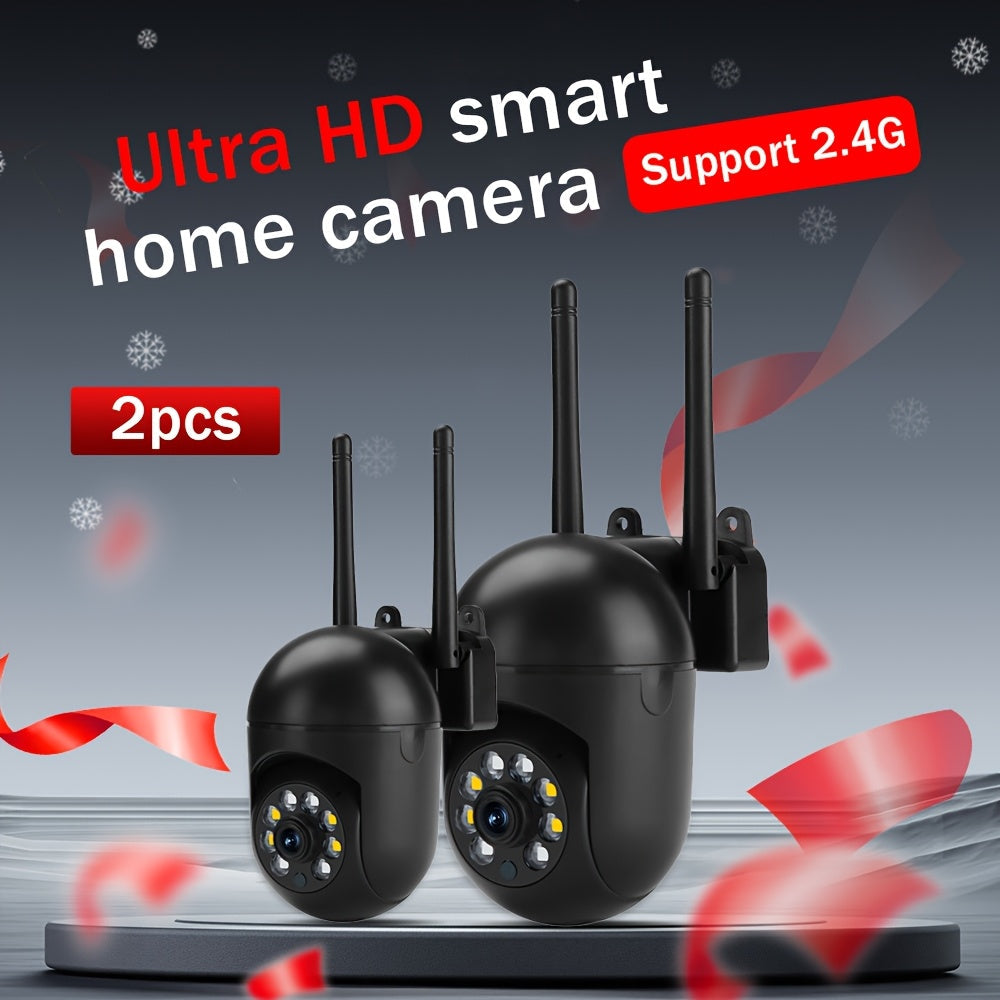 Get two 1080P HD Night Vision Security Cameras for Christmas and New Year! These cameras offer wireless connectivity, AI detection and human tracking, a 355° panoramic view, WiFi enabled with two-way audio, and are smartphone compatible. Give the gift of