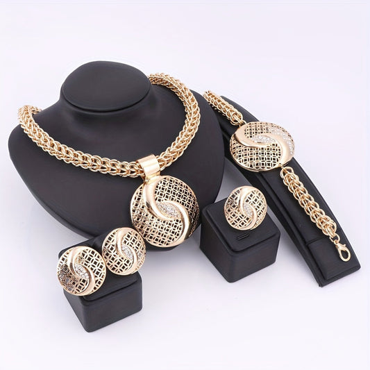 Extravagant Golden Rhinestone Jewelry Set - Complete with Necklace, Earrings, Bracelet & Ring | Ideal for Weddings & Special Events