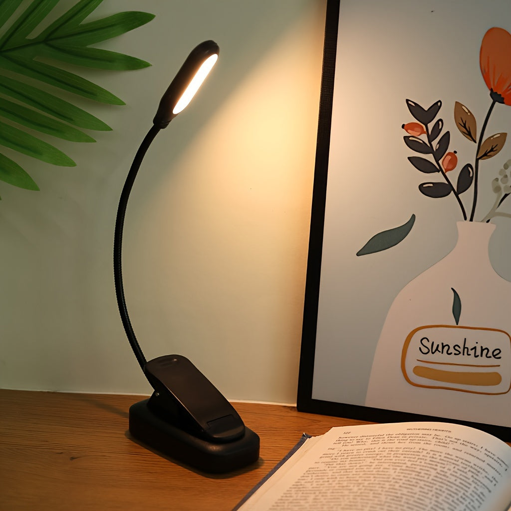 Adjustable arm reading light with yellow light, portable battery-powered LED night light with clip for reading, desktop eye protection lamp for reading.