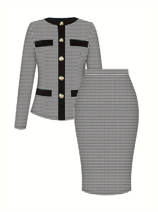 Elegant women's houndstooth print set with long sleeve button top and skirt.