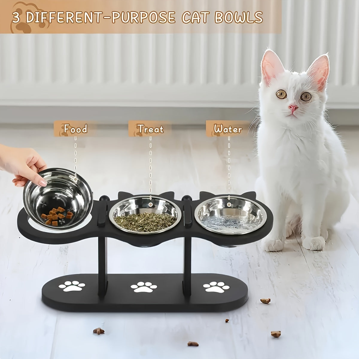 Elevated, adjustable cat and dog food bowl with tilted design for small pets. Includes 3 stainless steel stands for easy assembly and cleaning. Ideal for multiple kittens.