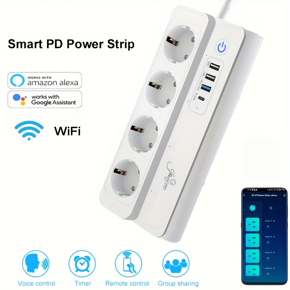 WiFi power strip with fast charging, voice control compatible with Alexa and Google Home, remote app control.