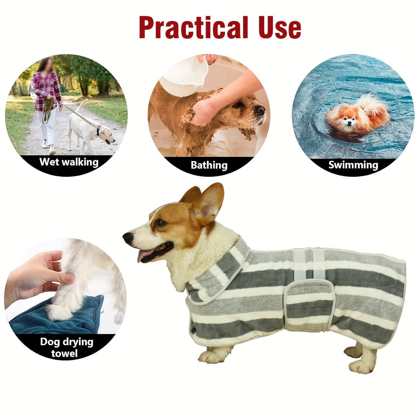 Drying dog robe that absorbs water quickly, suitable for baths, walks, and swimming.