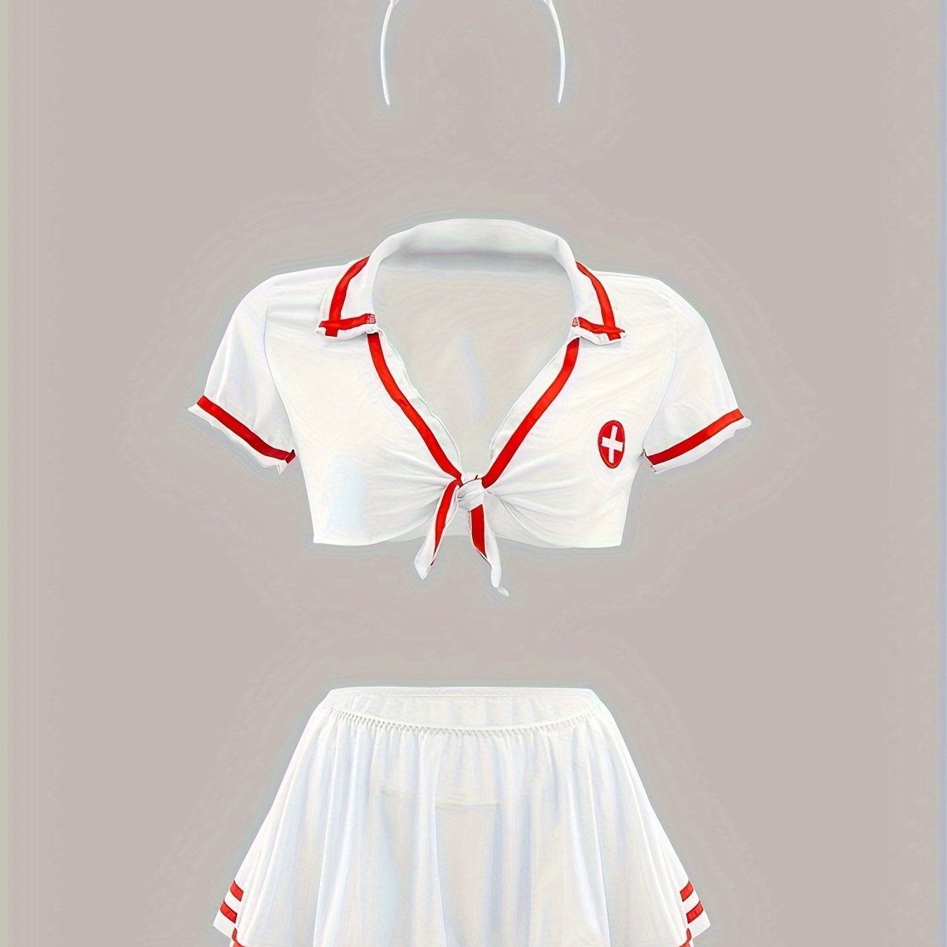 Women's sexy nurse costume with hat, top, underwear, and skirt.