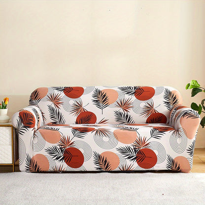 Modern printed sofa slipcover with elastic closure, made of 95% polyester and 5% spandex. Machine washable with active printing and stitched craftsmanship. Fits armchairs to sectional sofas, weighing 100-120gsm fabric.