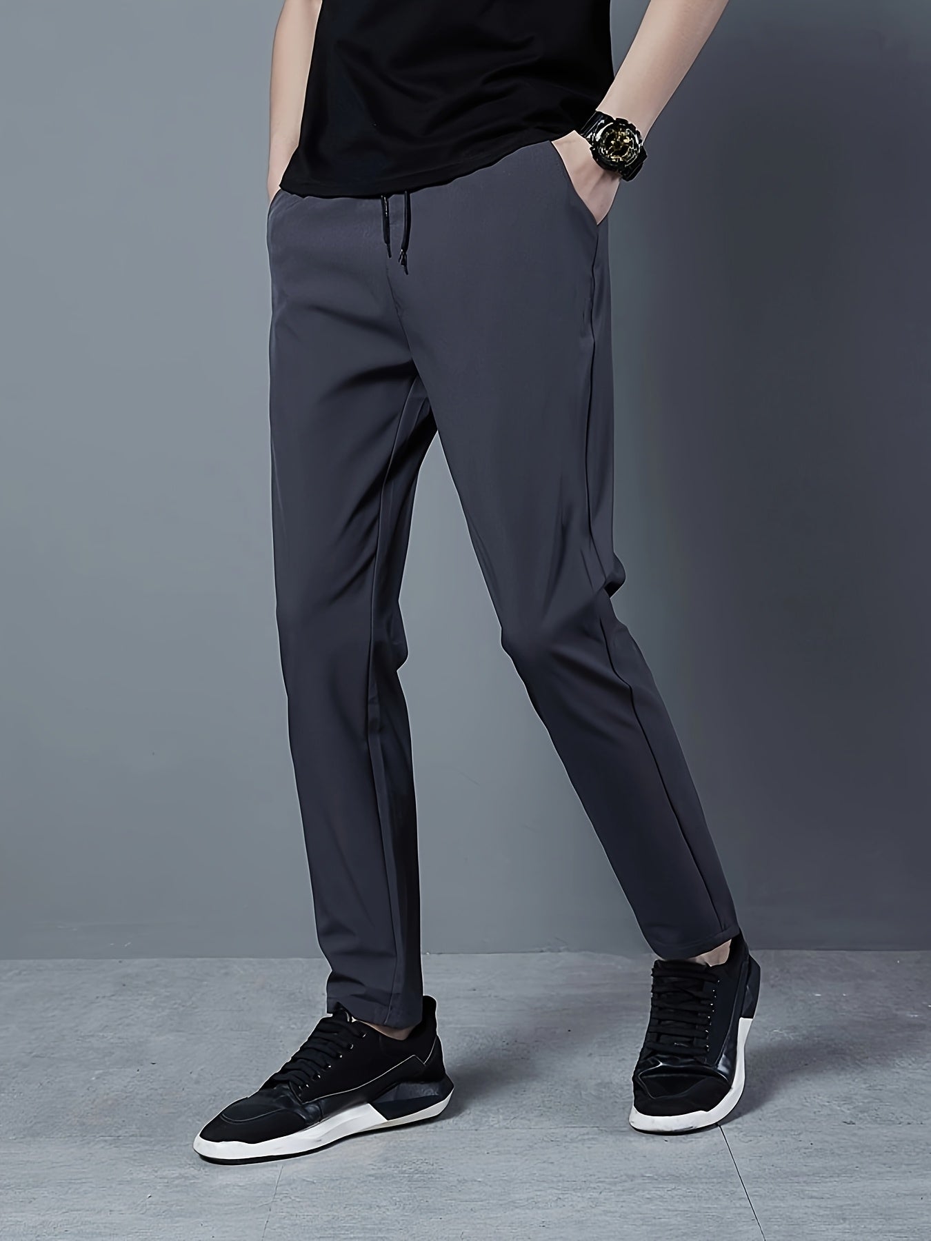 Men's Solid Golf Pants, Drawstring Slim-fit Dress Pants with Pockets for Summer.