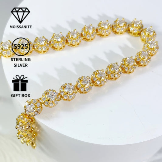 One Vintage Luxury 18K Golden Plated Moissanite Bracelet for Women, made with S925 Sterling Silver and featuring a 0.1 Carat Main Stone. Weighing 10.18g, this bracelet is perfect for weddings, banquets, Mardi Gras, and all seasons. Comes in a gift box