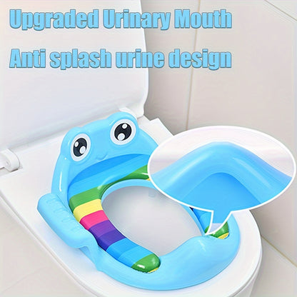 Cute cartoon toilet seat with training insert features frog & dolphin design. Portable, non-slip travel potty chair for boys & girls with urine splash guard. Versatile training set includes travel bag, suitable for children aged 3-12.