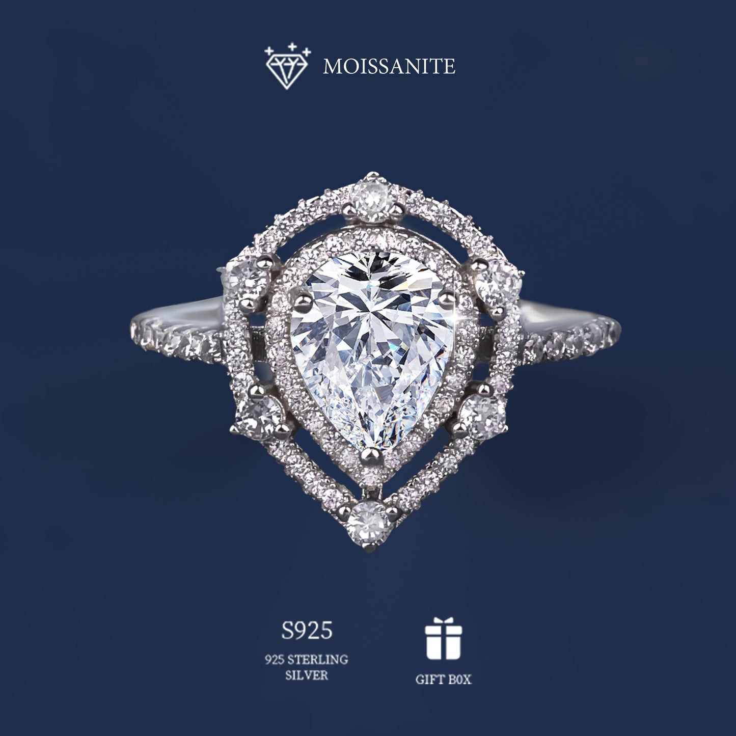 Beautiful 925 Sterling Silver Hypoallergenic Ring featuring a 2ct Pear Shaped Moissanite on a Double Layer Love Heart design. Perfect for Women's Engagement, Proposal or Wedding. Comes with Moissanite Certification and packaged in an Exquisite Gift Box.