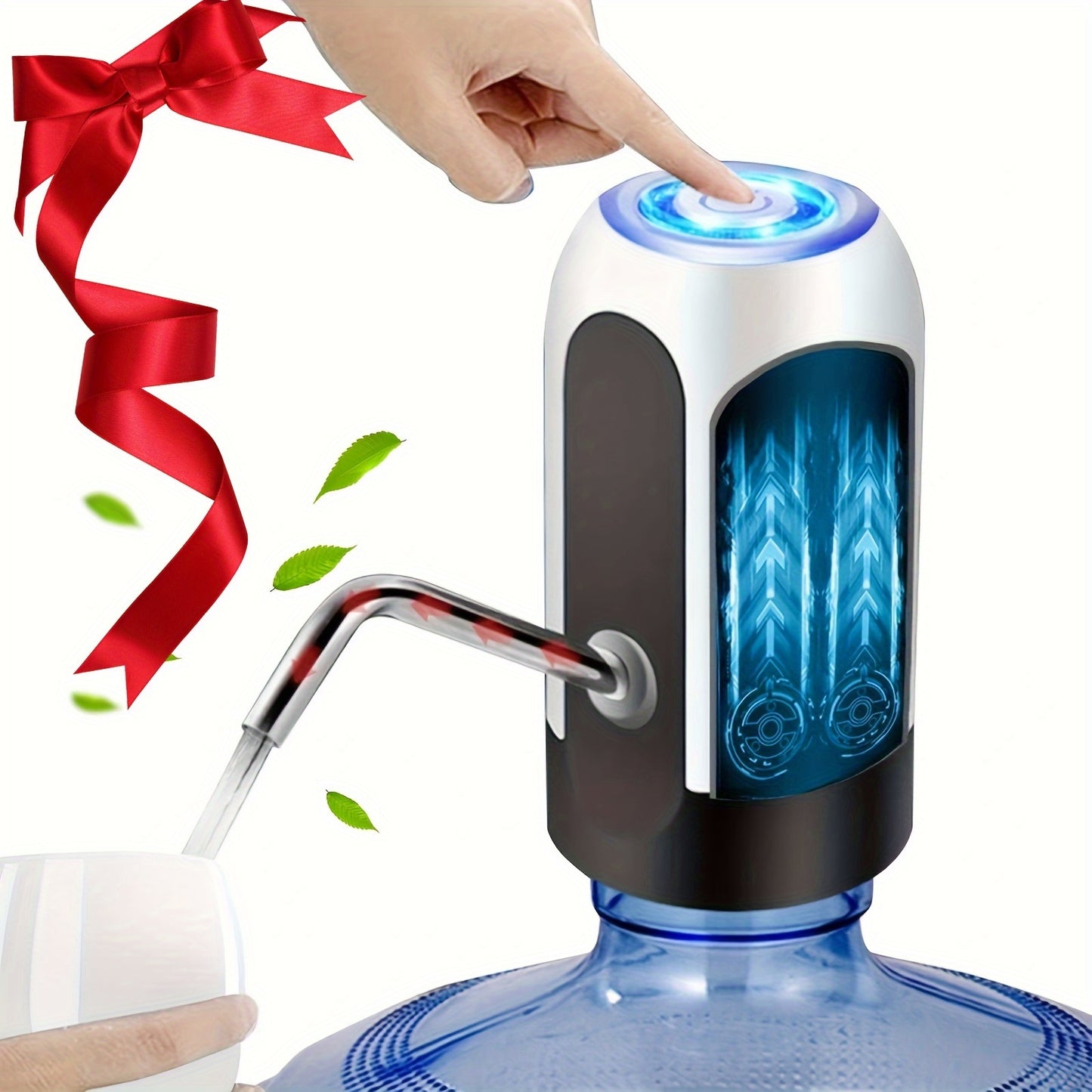 USB rechargeable water pump for 7.57-18.93 L jugs, with digital display. White and blue design, perfect for home, office, and camping.