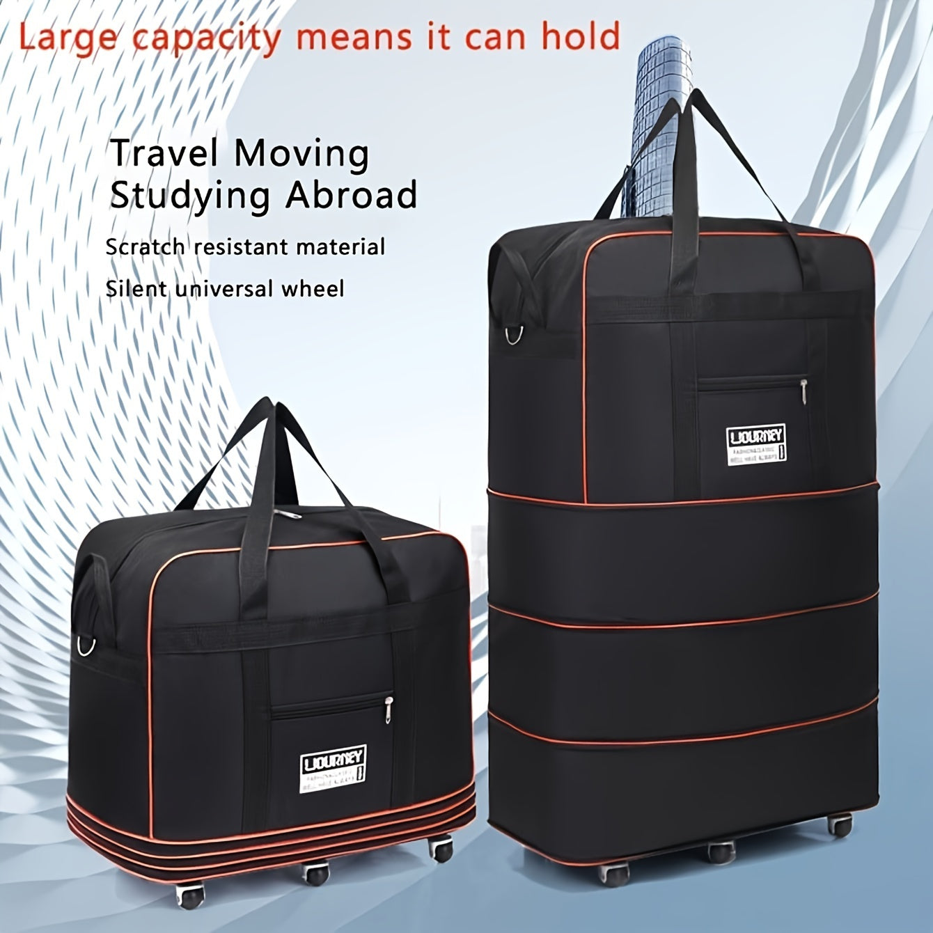 Foldable travel luggage bag with wheels for business trip, study abroad, and travel. Large storage capacity, expandable and portable.