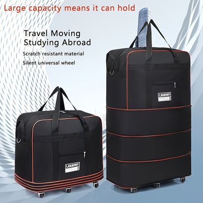 Foldable travel luggage bag with wheels for business trip, study abroad, and travel. Large storage capacity, expandable and portable.