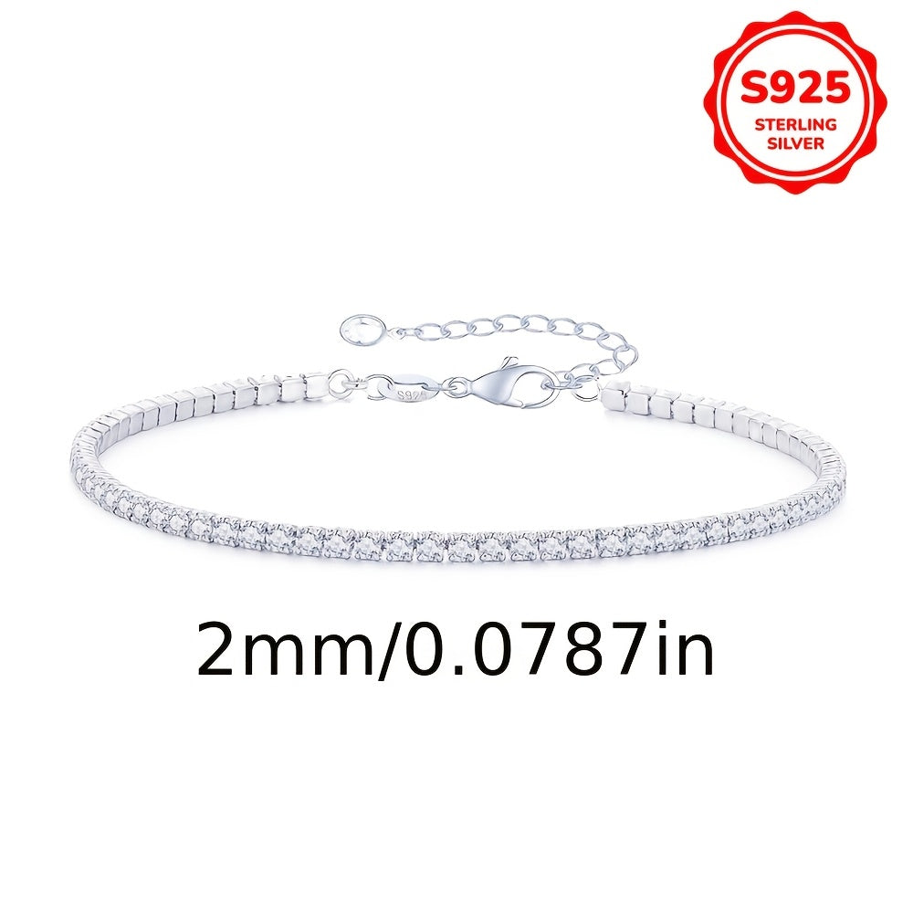 Stylish 925 Sterling Silver Tennis Chain Bracelet featuring Synthetic Cubic Zirconia, Adjustable 2MM/3MM, Hypoallergenic, Sparkling Iced Out Design, Perfect for Daily Wear and Gifting, Ideal Valentine's Day Jewelry for Women.