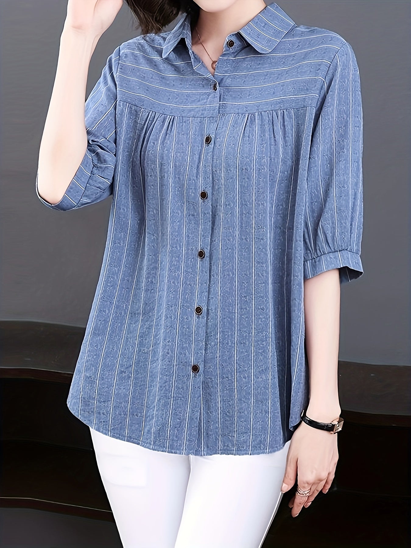 Striped print half sleeve shirt for women, perfect for spring and summer.