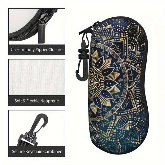 Fashionable glasses case with a chic golden mandala and blue galaxy print - Soft eyeglasses pouch with zipper for both men and women