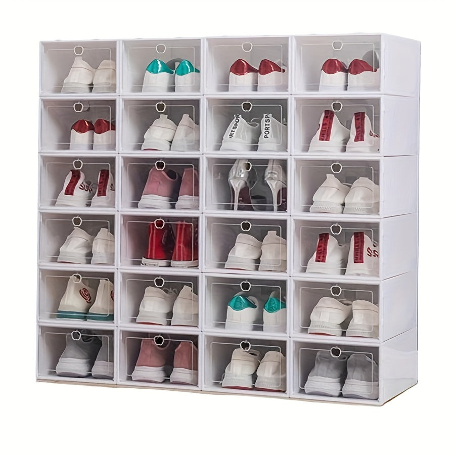 15 clear plastic shoe storage boxes with flip top opening for versatile shoe organization at home. Not waterproof.