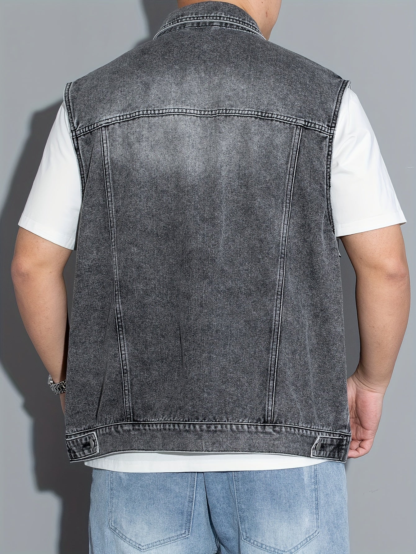 Men's sleeveless denim vest with flap pockets, button closure, lapel collar. Machine washable. Ideal for spring/summer/fall. Plus size.