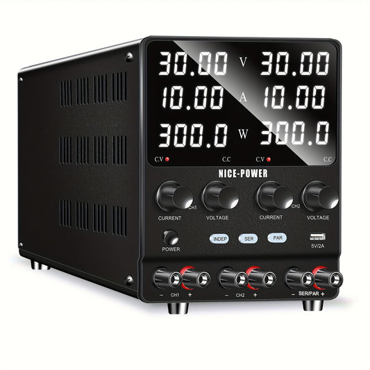 Adjustable voltage DC power supply with independent output for laboratory, mobile phone, car, computer repair, and battery charging.