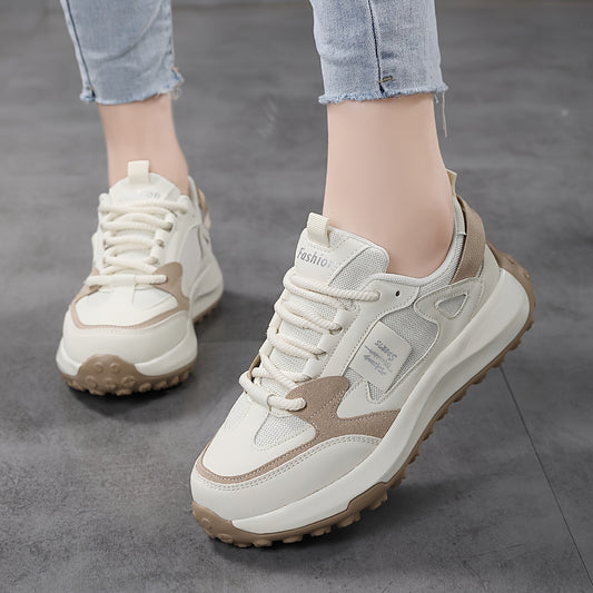 Beige mesh women's casual running shoes with stable support, non-slip sole, and breathable design suitable for outdoor sports.