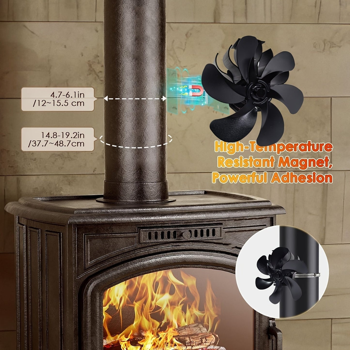 Wood stove fan with 6 blades, magnetic flue mount, and non-electric thermal design for gas and pellet burners - silently powered by heat.