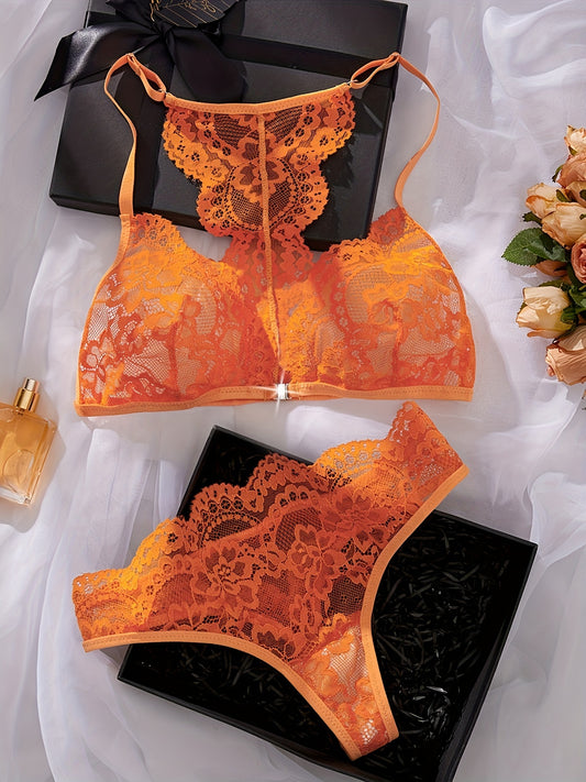 Floral lace cami bra and panties set for women's lingerie.